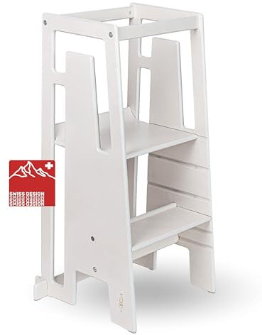 Tuki Lernturm ab 1 Jahr für Kinder Whitewash | Höhenverstellbar, hohe Standsicherheit, ergonomisches Design | Langlebiger Montessori Learning Tower hilft bei Motorik & Lernen