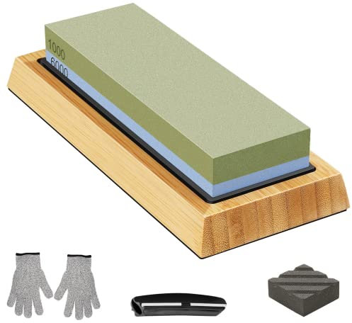 oumuik Schleifstein Messer Körnung 1000/6000 Abziehstein Wetzstein Set mit Rutschfestem Silikonhalte, Abrichtstein, Schwarzer Korrekturstein und Schnittfeste Handschuhe für Koch