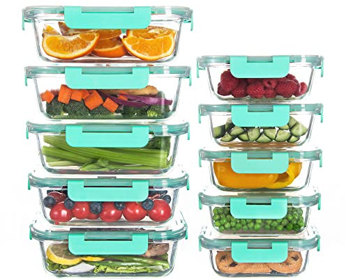 HAKEEMI Lot de 10 boîtes de conservation en verre hermétiques avec couvercles, passent au micro-ondes et au lave-vaisselle, vert clair