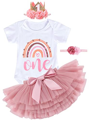 TOLOYE 1st Birthday Outfit for Girl, First Birthday Outfit with Short Sleeve Romper, Pink Tutu Skirt, 2pcs Headband, Cake Smash Outfit 1st Birthday, Baby Girl Dresses for Baby Party, Baby Shower