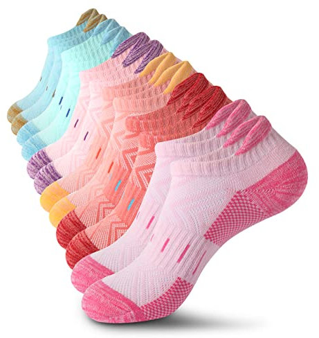 Athletic Socks Women 6 Pairs Cotton Cushioned Sports Trainer Socks for Womens Breathable Running Socks Low Cut Nonslip Ladies Ankle Socks(6 Pairs multicolour 6-8）