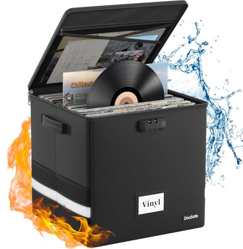 DocSafe Vinyl-Schallplatten-Aufbewahrungsbox mit Schloss, feuerfest und wasserabweisend, für mehr als 100 einzelne Schallplatten (30,5 cm), faltbare Aufbewahrungskiste mit Deckel und Griffen für