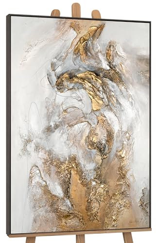 YS-Art Luxus Abstrakt Design Acryl Gemälde auf Leinwand Glücksgefühle handgemalt Wandbilder Wohnzimmer modern Wohndekor Bilder Büro Gold echte Kunst 140x100 cm