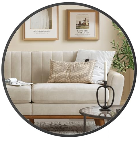 SONGMICS Round Mirror, 40.7 cm Bathroom Mirror for Wall, Metal Frame, Easy to Install, Modern Wall Mirror for Bathroom, Living Room, Bedroom, Entryway, Hallway, Ink Black LWM104B01