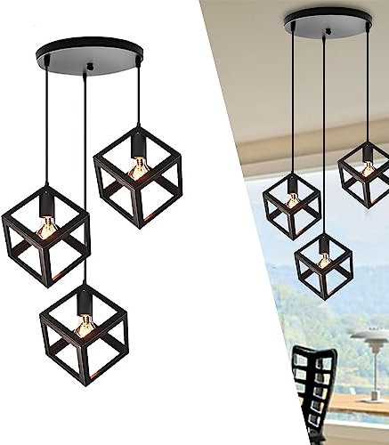 Chao Zan Pendelleuchte Eisen Deckenlampe Schwarz Kronleuchter, Hängelampe LED Geeignet, LED Deckenleuchten Retro Vintage Lampenschirm Metall Für Wohnzimmer Schlafzimmer Esszimmer Restaurant Quadrat