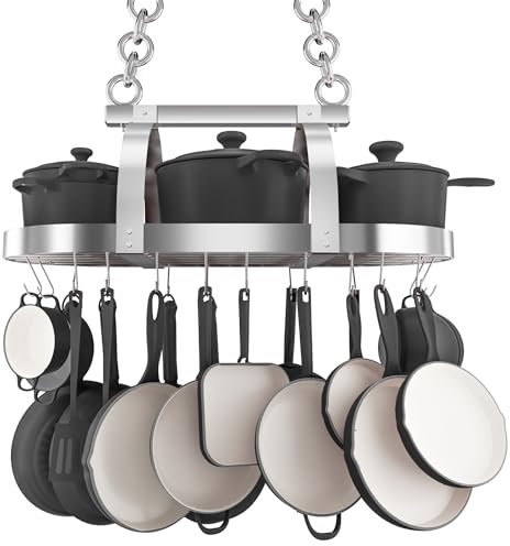 KES 85x39cm Chrom Topfhalter Pfannenhalter Hängeregal Küche Topfregal Deckenregal Hängend Küchenregal Deckenregal Küchenorganisation Pfannen Topf Organizer mit 20 Abnehmbaren Haken, KUR221S85-CH