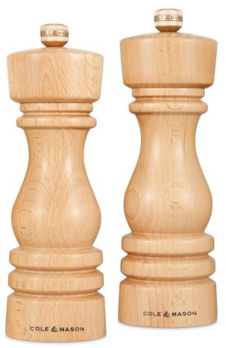 Cole & Mason London Natural Beech Salt and Pepper Mill Set, 180mm, Precision+ Carbon/Ceramic Mechanisms, Salt and Pepper Grinders with Adjustable Grind, Beech Wood, Gift Set