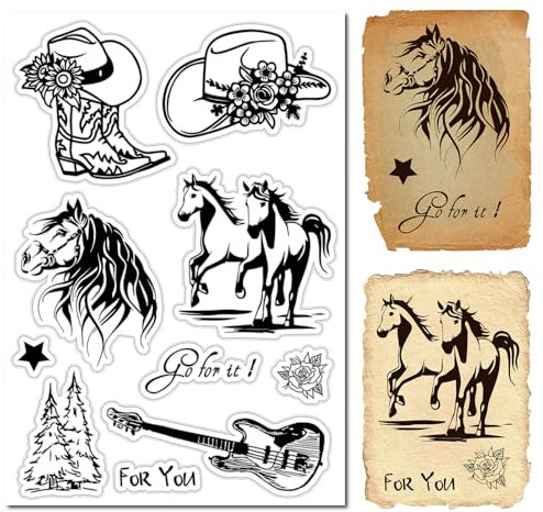 CRASPIRE Pferde-Western-Stempel, Cowboystiefel, Hut, Gitarre, Blumen, Durchsichtig, Transparent, Silikon-Siegel, Stempel Für Journaling, Kartenherstellung, DIY, Scrapbooking, Handgefertigtes Fotoalbum