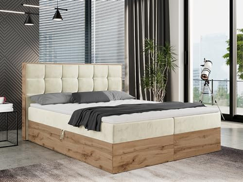 MKS MEBLE Boxspringbett 180x200 mit Bettkasten Holz Holzrahmen, Boxbett 180x200 mit Matratze H3 und Kopfteil - Beige Samt - Albero-1