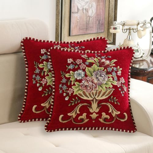 Qupace Set of 2 Red Vintage Embroidered Throw Pillows Covers 18x18in Sofa Couch,Red Floral Embroidered Cushion Cover for Sofa Bed Chairs Car
