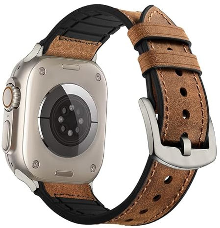 OUHENG Compatible con Apple Watch Band Ultra 2/Ultra, correa híbrida de piel auténtica a prueba de sudor y goma para iWatch Ultra 2/1, correa marrón con adaptador de titanio