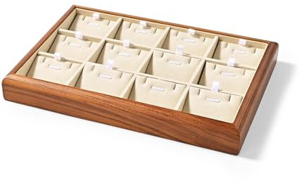 Oirlv Madera Maciza 12 Rejillas,Enrejadas Para Joyas Con Insertos Removibles Bandeja Organizadora Base Para Joyas Collar/Pendiente(Blanco Crema)