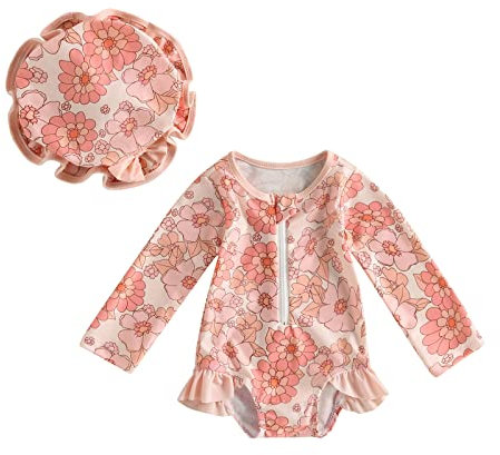 Geagodelia Toddler Baby Girl Swimming Costume with Hat Long Sleeve Zip Up Floral Ruffle Swimsuit Sun Protection Rash Guard Swimwear One Piece Bathing Suits Summer Beachwear (Floral Orange, 2-3 Years)