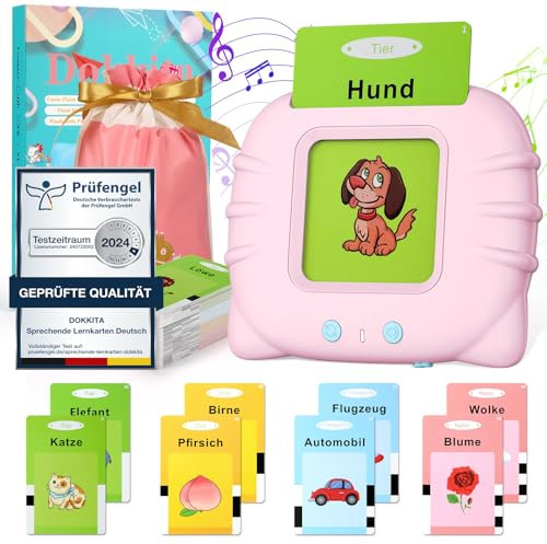 Dokkita Sprechende Lernkarten Deutsch, Flash Karten Kinder Deutsch, Standard Deutsch-112 Blätter 224 Wörter, Lernkarten zur Sprachförderung, Vorschule Geschenk Spielzeug für Mädchen Jungen-Rosa