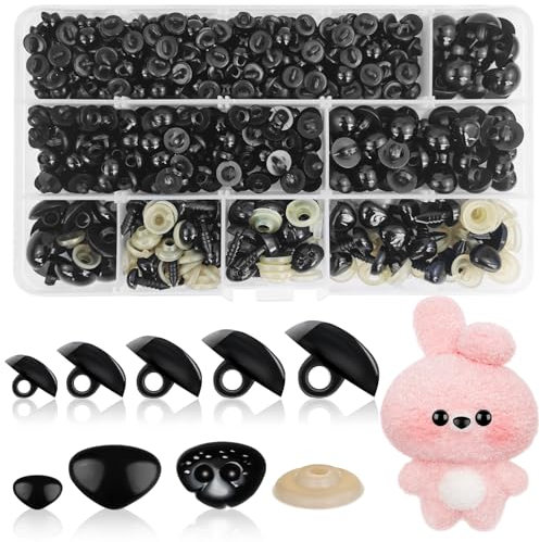 Hengxinchen 430 Stück Schwarze Knopfaugen mit Sicherheitsnasen, 5 Größe Sicherheitsaugen für Häkeltiere 8-15MM, Kunststoff Augen zum Aufnähen für Häkeltier Puppe Marionette Plüschtier