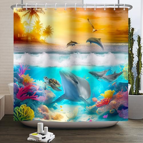 SDOTPMT 122x183cm Estate Oceano Tenda da doccia Squali Tartarughe Coralli Sotto il Mare Balene Gabbiani Sera Sole Palme sull'Oceano Tenda per vasca da bagno Decor Tessuto Poliestere con Ganci