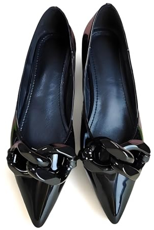 azmodo Women Patent Leather Pointed Toe Ballet Flats with Chain Embellishment Daily Shoes (Black, 7.5)