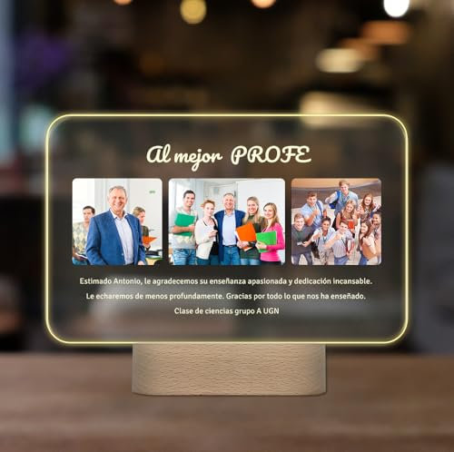 Lámpara Personalizada con Fotos y Texto – Regalo para Profesor – Luz LED con Placa de Metacrilato – Detalle de Fin de Curso, Agradecimiento, Regalo Original para Maestro (PROFESOR)