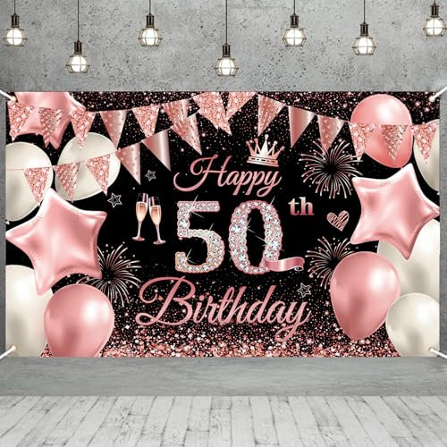 ATBEAMEN Bannière de 50e anniversaire rose noire 180 x 110 cm, décoration de fond, tissu, affiche, fond photo, fête