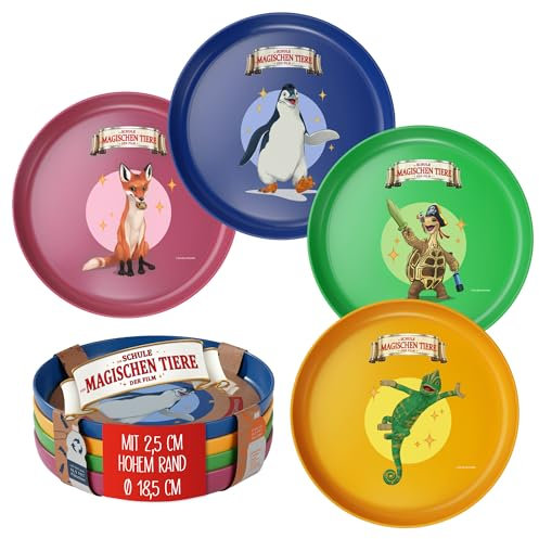 AWAVE Die Schule der Magischen Tiere 4-teiliges Kinder Teller Set 18,5 cm Kindergeschirr aus rPET ohne Melamin, Rabbat Henrietta Juri Caspar, Wiederverwendbar Spülmaschinengeeignet