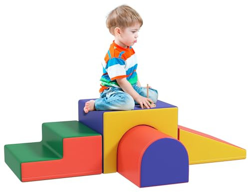 HOMCOM Baby Soft Play Set, 4 Piece Soft Play Equipment for Toddlers 12-36 Months, Climb and Crawl Foam Play, Kids Activity Play Toy, Red