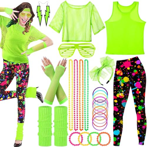 SaiXuan 26 Pcs 80er Jahre Neon Kleidung Set, Netzshirt Damen, Fluoreszierende Westen, Stirnband, Ohrringe, Halskette, Netzhandschuhe, für 80er Jahre Outfit Damen, Mottopartys, Bühnenshows (L)