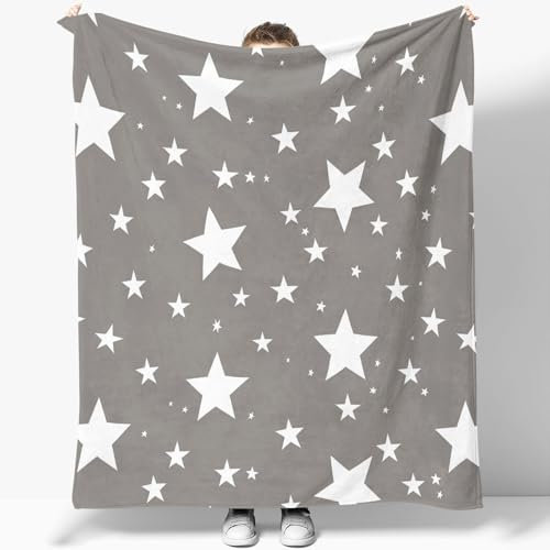 Kuscheldecke Grau Weiche Fleecedecke Sofaüberwurf, Cartoon weißer fünfzackiger Stern Druck Weich und Warm Tagesdecke Wohnzimmerdecke Couchdecke 200x200 cm