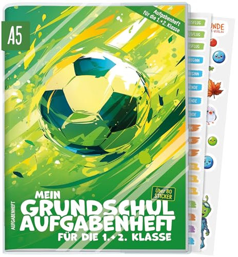 Hausaufgabenheft Grundschule A5 für die 1. + 2. Klasse ohne Datum mit Schutzhülle, Stickern, Lern- und Denkspielen Fußball - nachhaltig & klimafreundlich