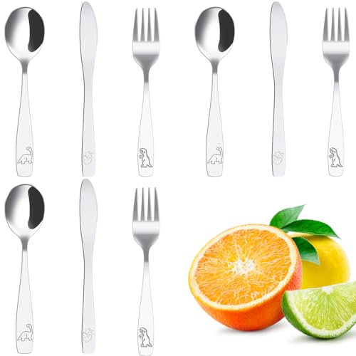 Ensemble de couverts 9 pièces pour enfants en acier inoxydable 410 avec fourchette, cuillère et cutter ergonomiques et sûrs pour tout-petits - Motif dinosaure amusant - Passe au lave-vaisselle -