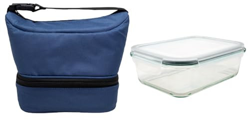 NERTHUS FIH 1503 Boîte à lunch isotherme noire avec récipient hermétique en verre 640ml, sac à repas avec double compartiment, intérieur isolé, avec poignée, idéal pour le travail et le bureau