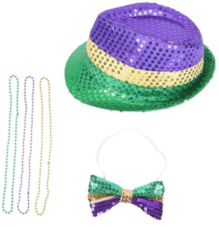 SAFIGLE Mardi Gras Pailletten Hut Halskette Fliege Einzigartige Kostümdekoration Für Karneval Feste Geschenk Für Freunde