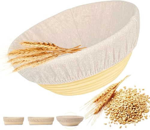 DeJivsin Gärkorb Rund 23cm, Gärkörbchen zum Brotbacken natürlichem Rattan, Brotkorb Mit Waschbarem Leineneinsatz für Professionelle und Häusliche Bäcker, Brotbacken