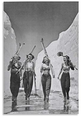 ENQIAOZHANG Poster Kunstdrucke 60x80cm Vintage Ski World Babes Sun Snow And Skiing 1940s Photo Poster Lodge Decor Wall Art Black & White Senza Cornice