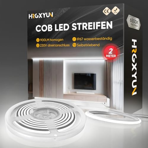 HRGXYUN 230V COB LED Streifen Aussen, 240 LEDs IP67 Wasserdicht Selbstklebend, Bande LED 900LM Ohne Trafo Flexible Kürzbar für Zimmer und Außen Dekoration Beleuchtung, 6500K Kaltweiß, 2m