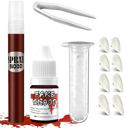 SHOPPGO 4 Paires Dent de Vampire+20ml Halloween Faux Sang, Maquillage Halloween Vampire, Maquillage Vampire Femme pour Halloween, Costumes, Figurines DIY et Les Jeux de Rôle de Vampire