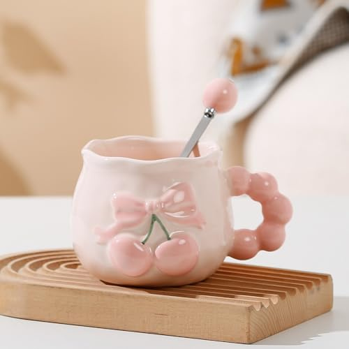 VollfitYYu Tasse à café mignonne avec cuillère - En porcelaine - Avec motif cerise en relief 3D - Pour la Saint-Valentin, la fête des mères, un mariage, Noël, un mariage - Rose