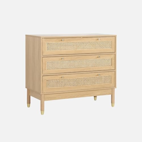 sweeek - Kommode Holzdekor und Rattan-Geflecht 3 Schubladen - 90 x 40 x 80 cm - Judith
