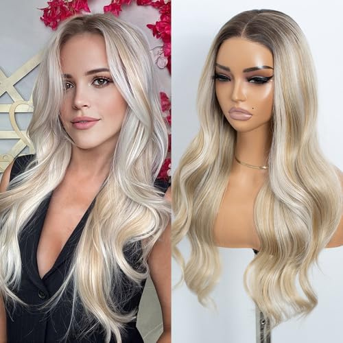 STYLE ICON Blonde weiße lange gewellte synthetisch Perücke für Frauen, 26 Zoll, vorgeschnittener Mittelscheitel, Spitzenband mit dunklen Haarwurzeln (10A/24S/24Y/1001G)