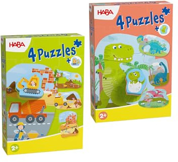 HABA Steckpuzzle Puzzle-Set mit Holzfiguren 2er Pack - mit Holzfiguren: Baustelle (Bagger) & Dinos (Babydino) ab 2 Jahren