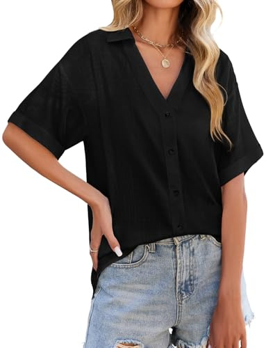 PASUDA Camicia Donna Estiva Lino Camicetta Manica Corta Elegante Blusa Scollo a V Maglietta con Bottoni Moda Casual Tinta Unita Tunica Copricostume Mare Tops(Nero,XXL)