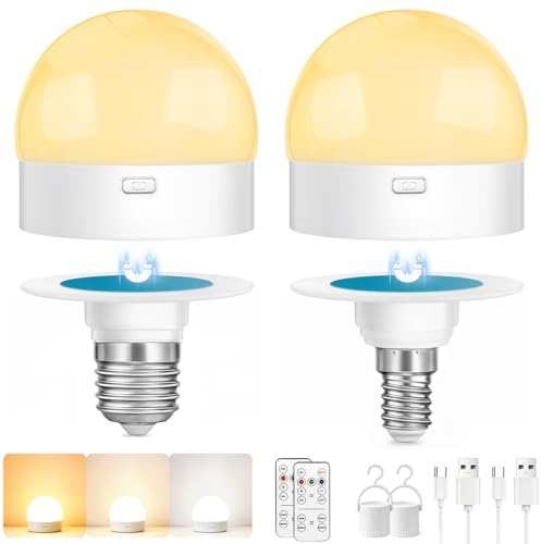 Ampoule LED Rechargeable Avec Télécommande, LED E14/E27 Intensité Variable,Avec Minuterie, 3 Températures de Couleur, Culot Magnétique, Usage Domestique, Lampe de Secours Avec Crochet, lot de 2