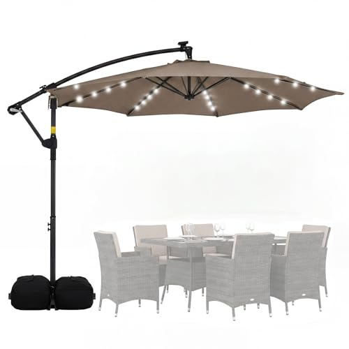 GOPLUS Parasol Deporte 3x3M avec 32 LED Solaire, Grand Parasol de Jardin Exterieur avec Pied pour 4-6 Personnes, Rotatif 360°, 8 Baleines, Manivelle, pour Balcon Terrasse Patio (3x3m|Led,Marron)