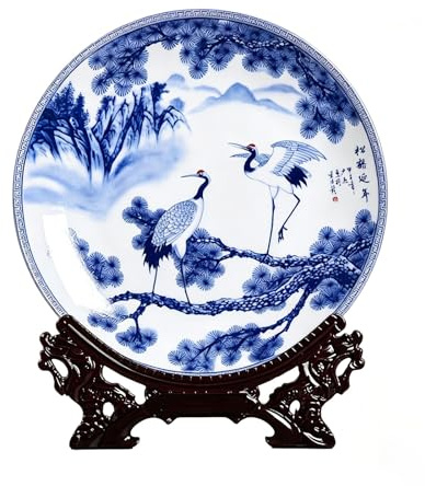 Assiette en céramique Bleue et Blanche Peinte à la Main, Style Chinois, avec Support pour étagère de Bureau(E,10in/260mm)