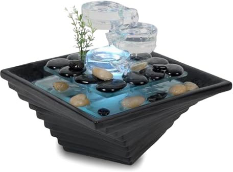 Fontaine d’Intérieur en Céramique et Verre Haute Qualité Lumière Blanche, Déco Méditation, Tasse Jarre Zen, écoulement d’eau envoutant, Idée Cadeau Haute Gamme, H 20x23x23cm – Himalaya Zen’Light