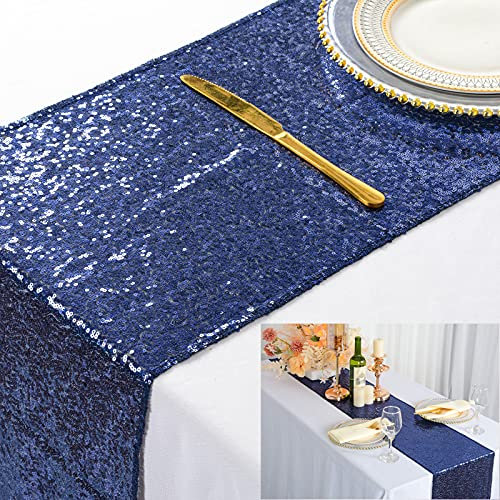 shinybeauty Sparkly Rosa Gold Pailletten Tischläufer für Hochzeit/Events Dekoration 30 * 180 cm (Navy blau, 1)