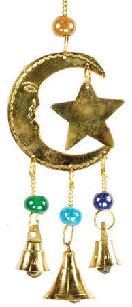 CircuitOffice Windspiel mit DREI Glocken, Stern und Mond, Messing, für Wicca, Heidnisch, New Age, Göttin, Pentagramm, Chakra, Spiritualität, 5,4 cm x 22,9 cm