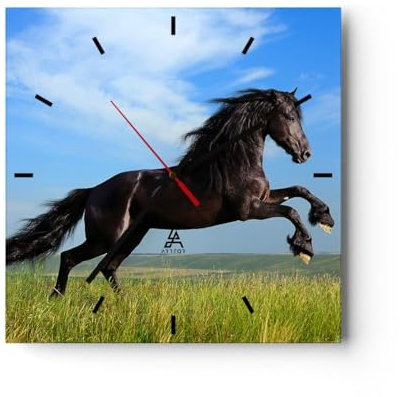 Modern Wanduhr Schwarzes Pferd Pferd Galopp 30x30cm Quadrat Klein Wand Uhr Glas Analog Zimmeruhren Küche Büro Wohnzimmer Glasuhr Wall Clock Dekoration Design Wanddekoration Küchenuhr C3AC30x30-0495
