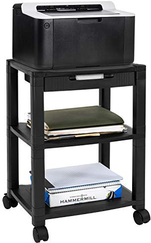 Mount-It! Mobile Printer Stand with Drawer [3 Shelf] AV Cart, Height Adjustable with 4 Swivel Wheels and Cable Management, 3D Printer Media Cart with Storage, 3 Tier (Black)