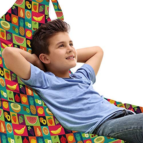 ABAKUHAUS Retro Unicorn Toy Bag Lounger Stuhl, Pop-Art Grunge Früchte, Hochleistungskuscheltieraufbewahrung mit Griff, Mehrfarbig