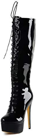 Only maker Damen Kniehoch Stiefel Plateau Schnürstiefel Langschaft mit Stiletto Absatz Reißverschluss Lack Schwarz 40 EU
